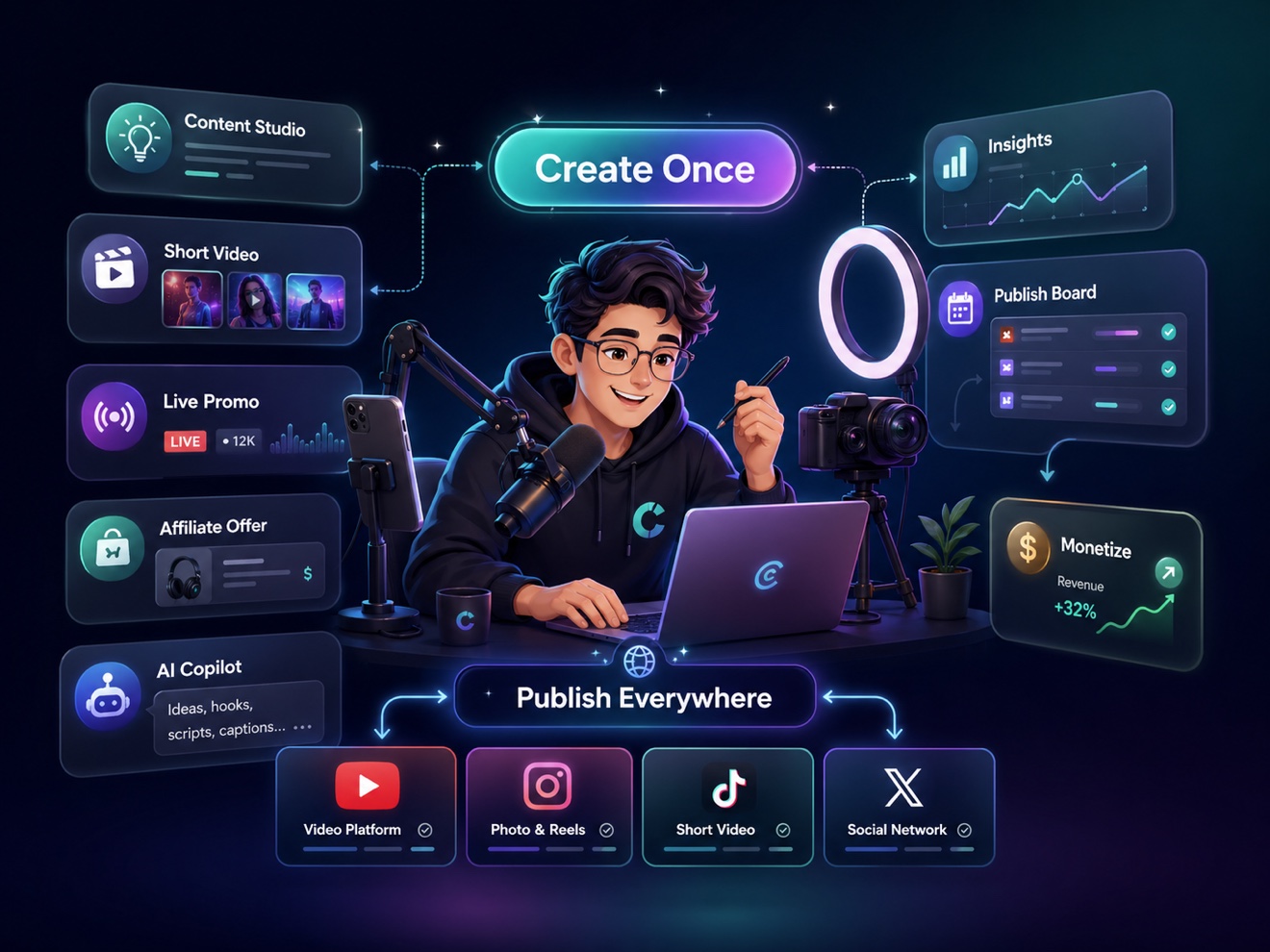 Ilustrasi content creator yang membuat konten sekali, publish ke banyak channel, live, monetize, dan melihat insight.